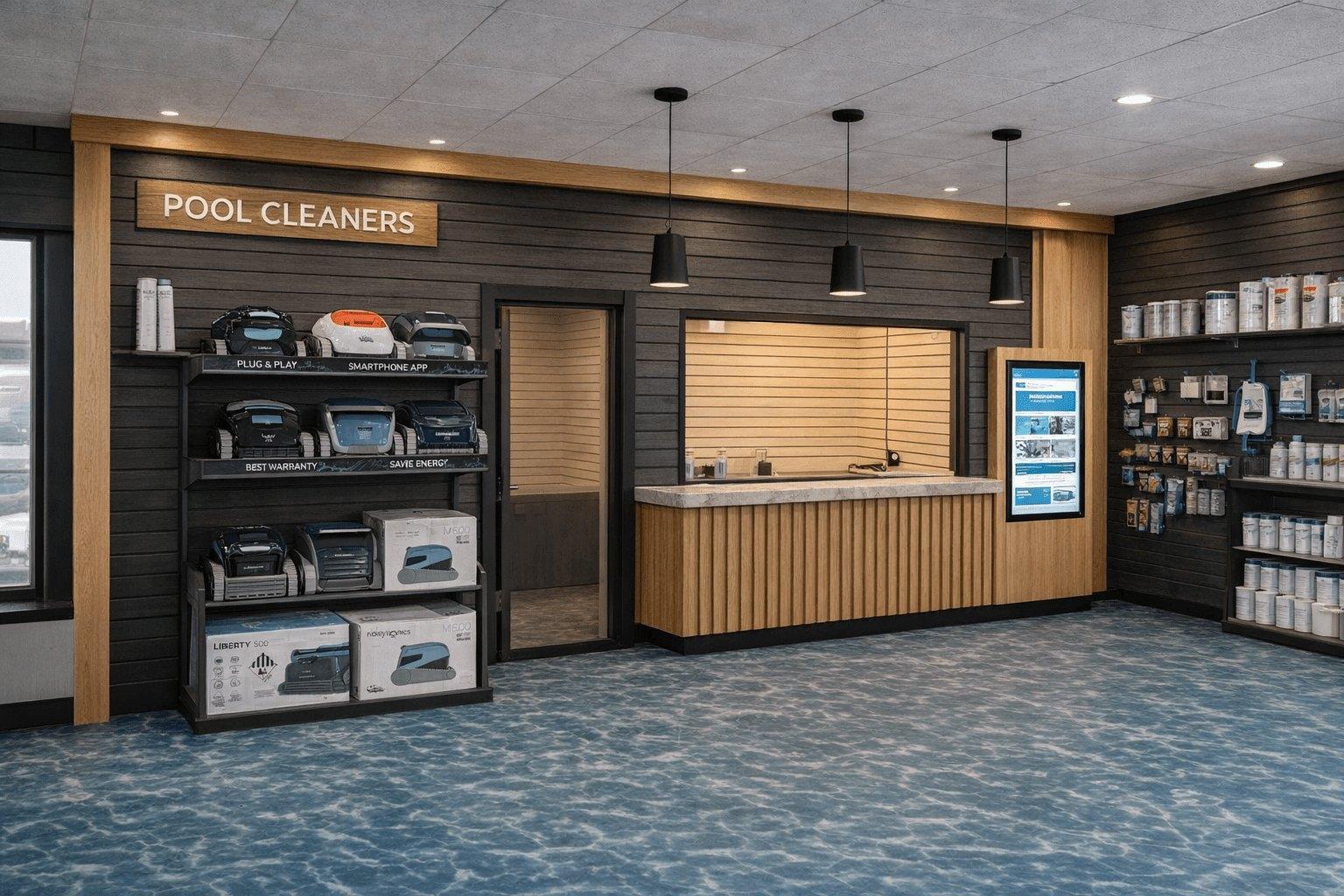 Interior of a Betz Pools store — chemical wall, cleaner display and service counter
